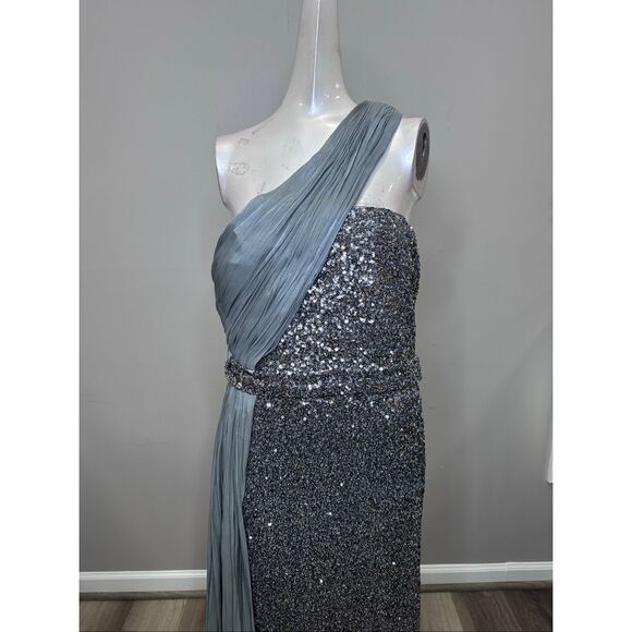 Badgley Mischka One-Shoulder Embellished Cocktail Dress in Pewter US 12 $595 - Picture 7 of 12